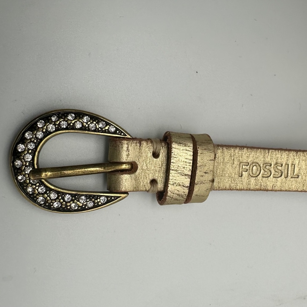 FOSSIL Leather BELT rhinestone C buckle ANTIQUE GOLD 1/2” Wide Antique Brass M